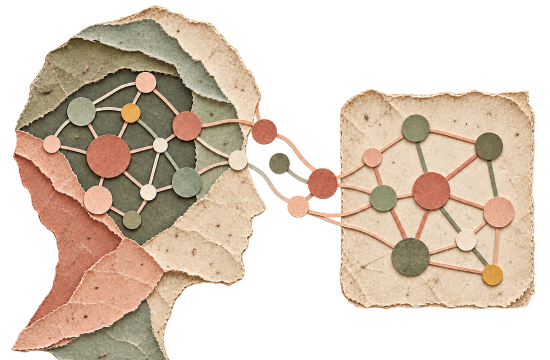 Paper-cut illustration of a head in profile with a network of beliefs inside, its connections flowing out into a separate network on a square of handmade paper