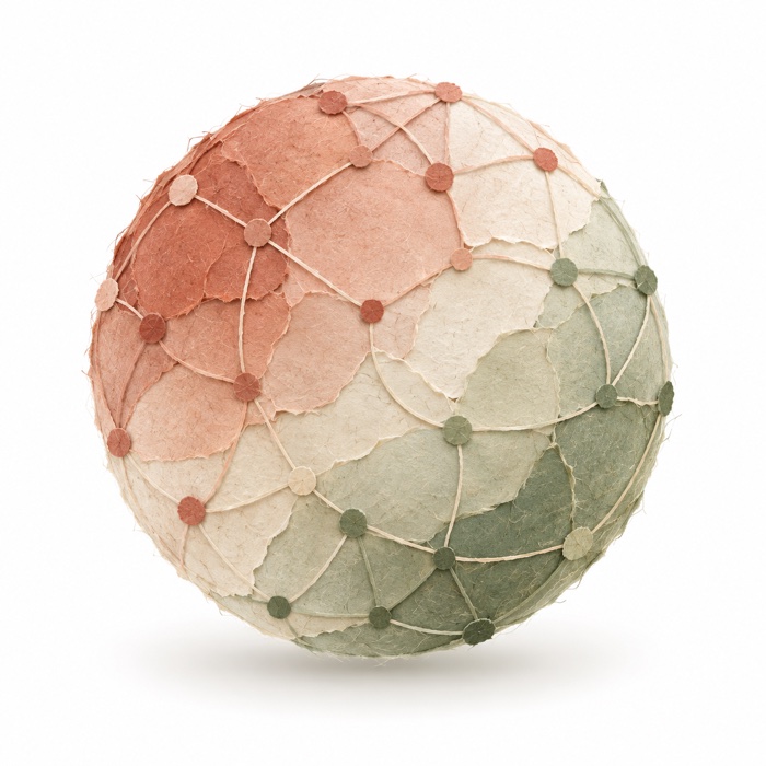 A paper sphere covered in torn-paper patches shading from vermillion to sage, wrapped in a network of thread with paper dots at each node