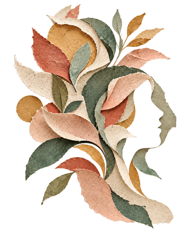 Paper-cut illustration of a face in profile surrounded by flowing layers of torn paper and leaves in vermillion, sage, blush and ochre